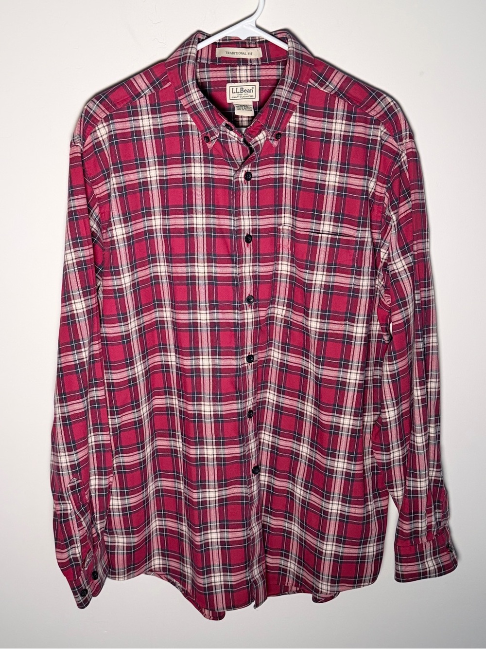 L.L. Bean Men's Red and White Plaid Button-Down Shirt - Thick Material